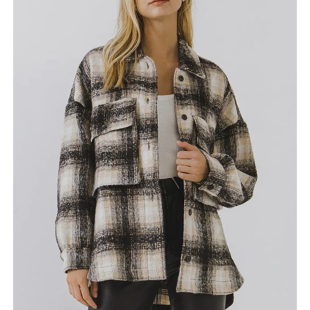 Bagatelle Collection Black Ivory Plaid Oversize Shacket Shirt Jacket Lumberjack
